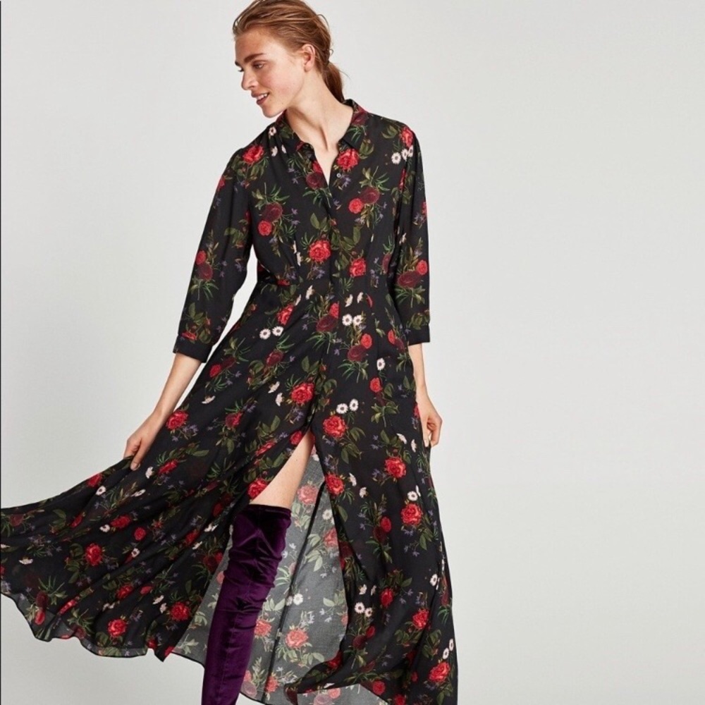 Zara Floral Rose Print Maxi Shirt Dress